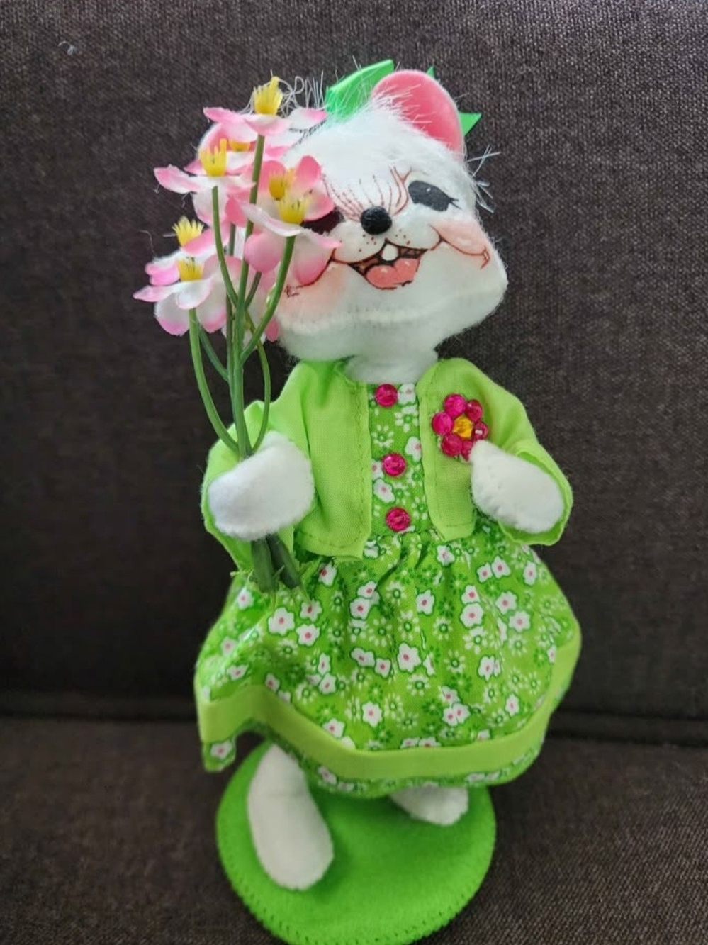 Annalee Girl White Mouse Figurine in Bright Green Floral Dress with Pink Accent